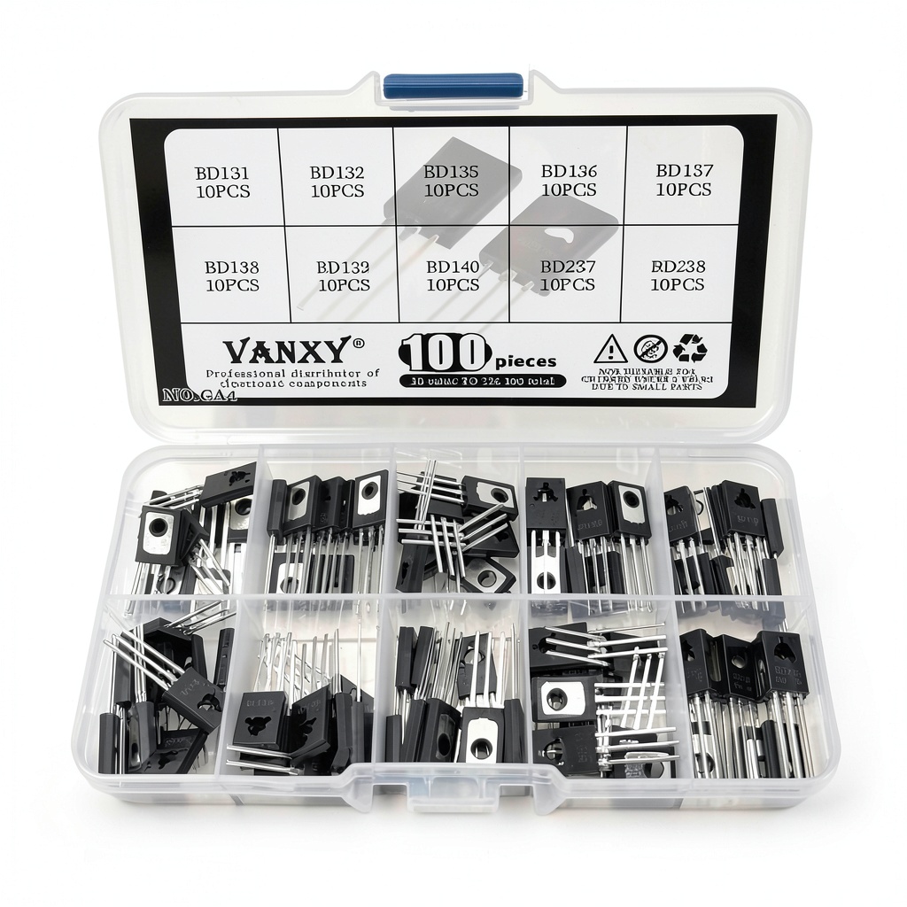 Installing BD131 BD132 BD135 BD136 BD137 BD138 BD139 BD140 BD237 BD238 TO-126 Transistor Kits 10 Values*10pcs=100pcs Power Transistors for Circuit Design, Repair, Learning & Experiments on a wooden desk