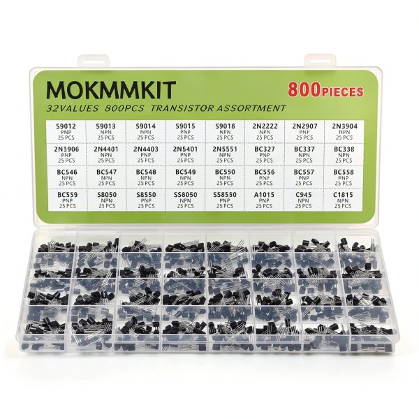 32 Values 800 Pieces Transistor Assortment Kit 2N2222 2N2907 2N3904 2N3906 2N5401 2N5551 S8050 S8550 S9012 S9013 S9014 S9015 A1015 C1815 C945 BC327 BC337 BC547 BC550 BC557 PNP NPN TO-92-0
